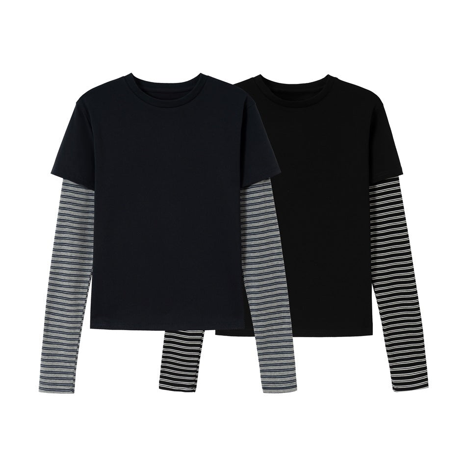 Unisex Layering-Langarmshirt mit gestreiften Einsatzärmeln und kurzärmeligem Overlay Echoarchiv
