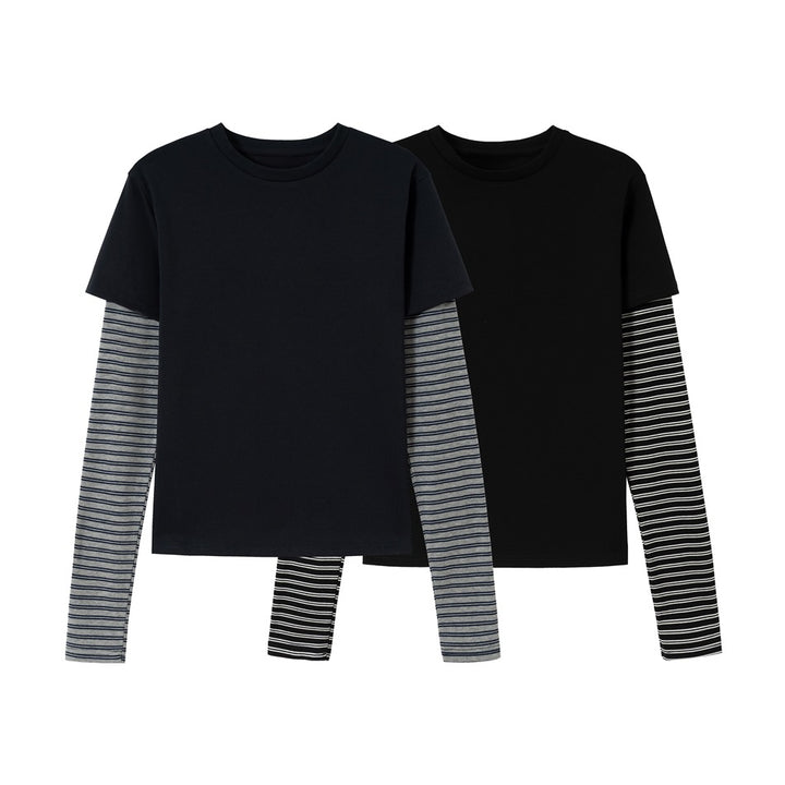 Unisex Layering-Langarmshirt mit gestreiften Einsatzärmeln und kurzärmeligem Overlay Echoarchiv