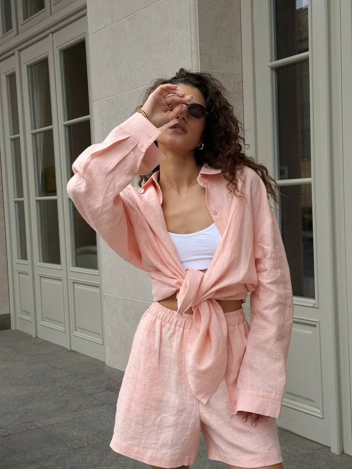Damen lässige Leinenbluse und Shorts Set Echoarchiv