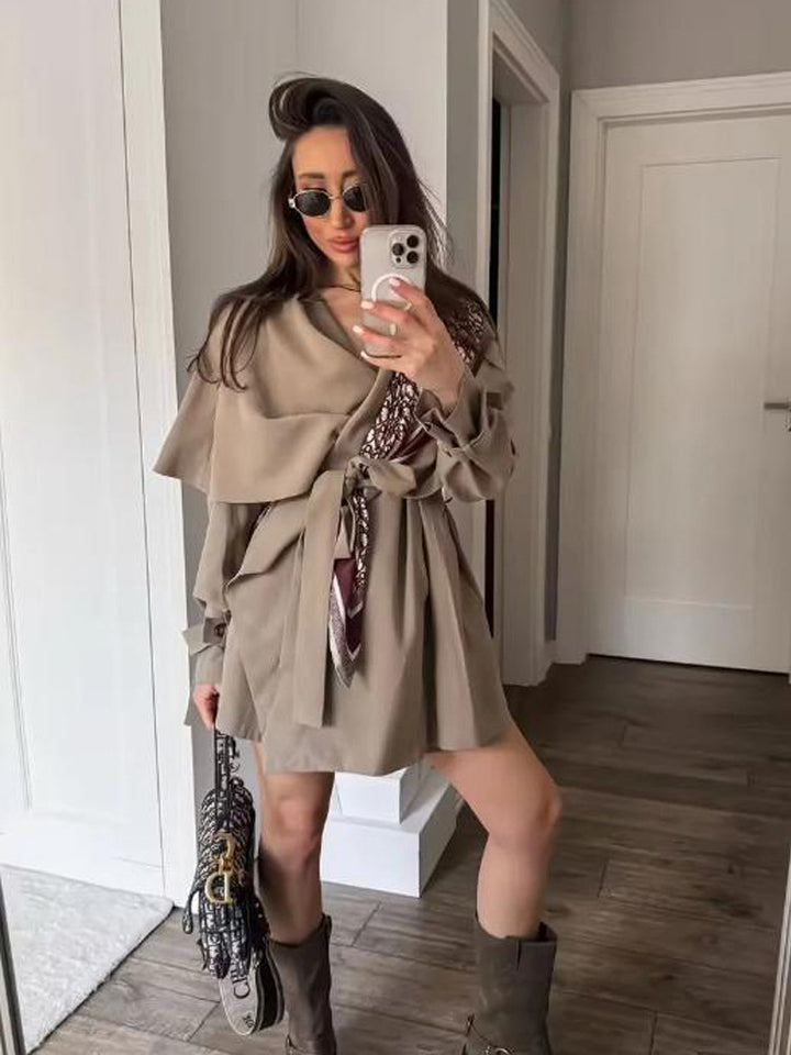 Damen Kurzer Asymmetrischer Wickelmantel mit Volant-Overlay und Bindegürtel Echoarchiv