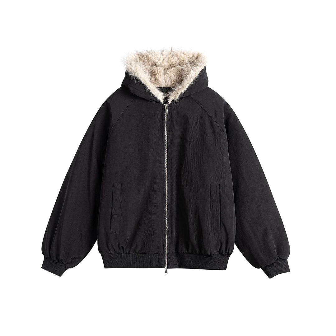 Damen Oversize-Bomberjacke mit kunstfellbesetzter Kapuze und Raglanärmeln Echoarchiv