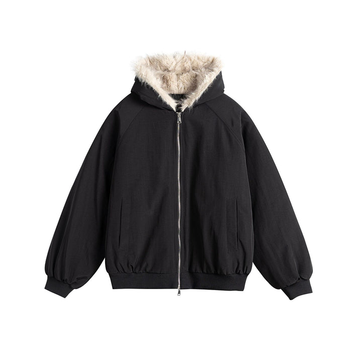 Damen Oversize-Bomberjacke mit kunstfellbesetzter Kapuze und Raglanärmeln Echoarchiv