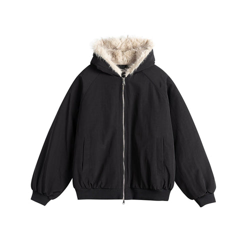 Damen Oversize-Bomberjacke mit kunstfellbesetzter Kapuze und Raglanärmeln Echoarchiv