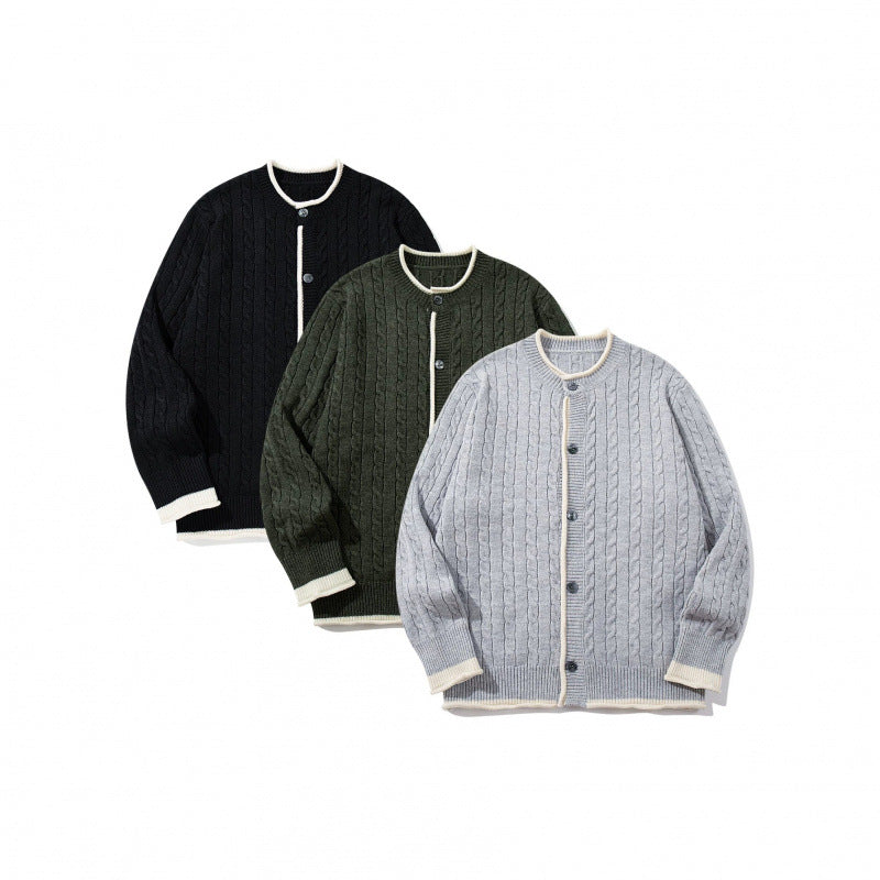 Unisex Feinstrick-Cardigan mit Zopfmuster, Rundhalsausschnitt und Kontrastblende Echo Archiv
