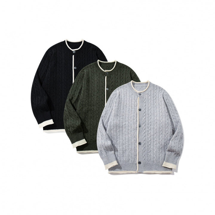 Unisex Feinstrick-Cardigan mit Zopfmuster, Rundhalsausschnitt und Kontrastblende Echo Archiv