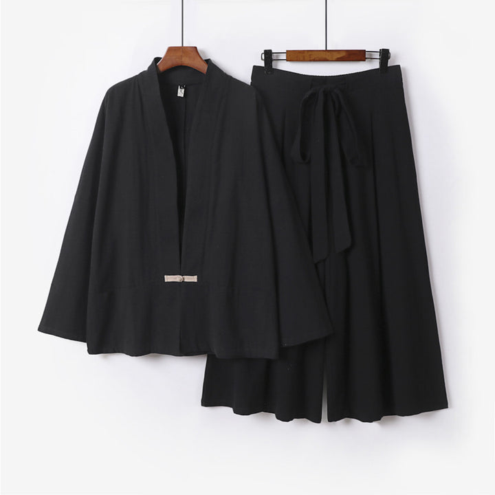 Damen Zen-inspiriertes Kimono-Set aus fließender Viskose mit kurzer Jacke und weiter Culotte-Hose Echoarchiv