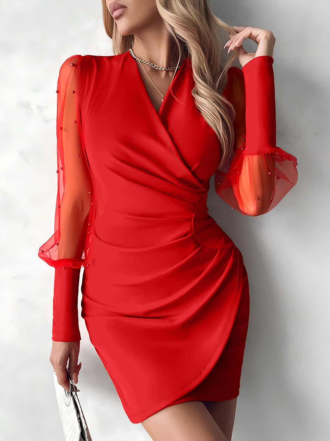 Damen Wickelkleid mit transparenten Puffärmeln und glitzernden Detals Echo Archiv