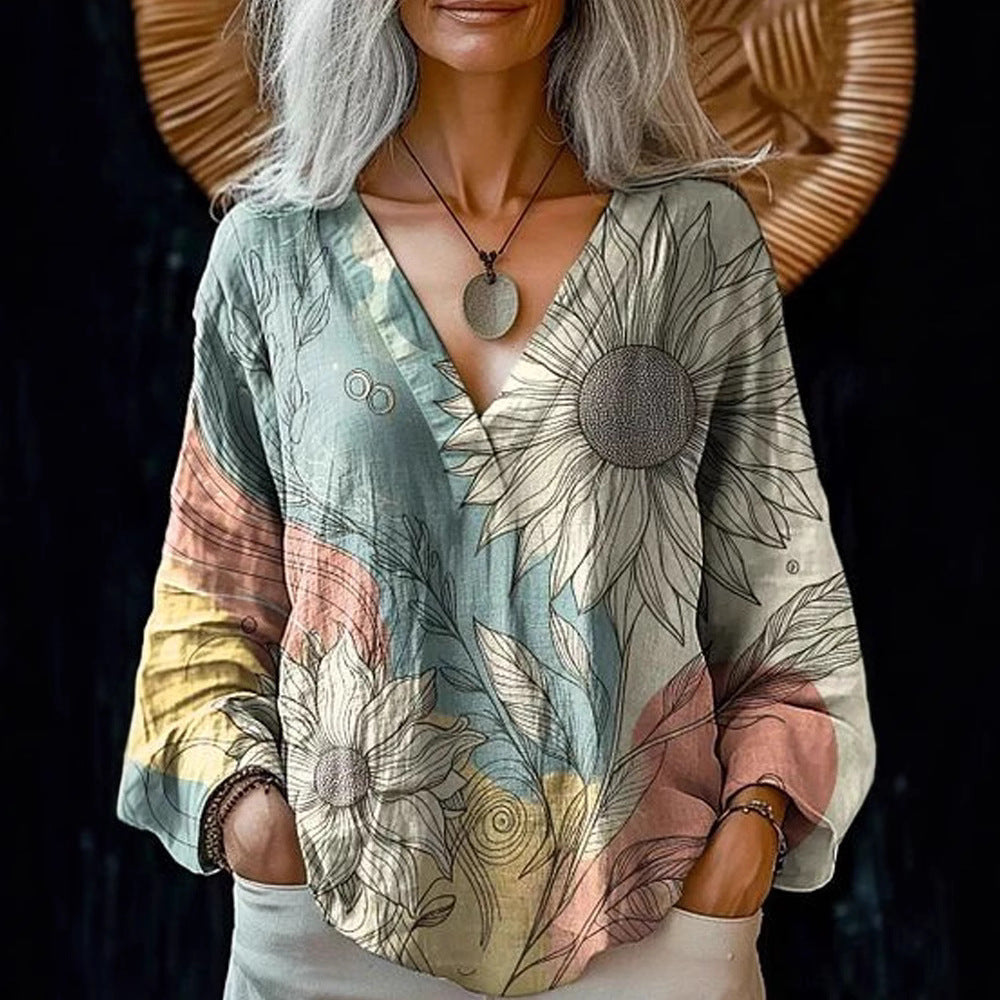 Damen Boho-Leinenmischung Tunika-Bluse mit V-Ausschnitt und floraler Aquarellstickerei – Élovi