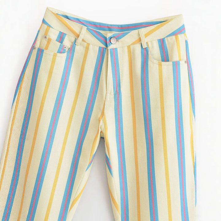 Damen Highwaist Gerade geschnittene Stoffhose mit vertikalen Streifen und Fünf-Taschen-Design Echo Archiv