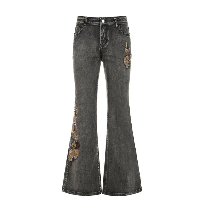 Damen Flared Jeans mit floralem Stickdesign Echo Archiv