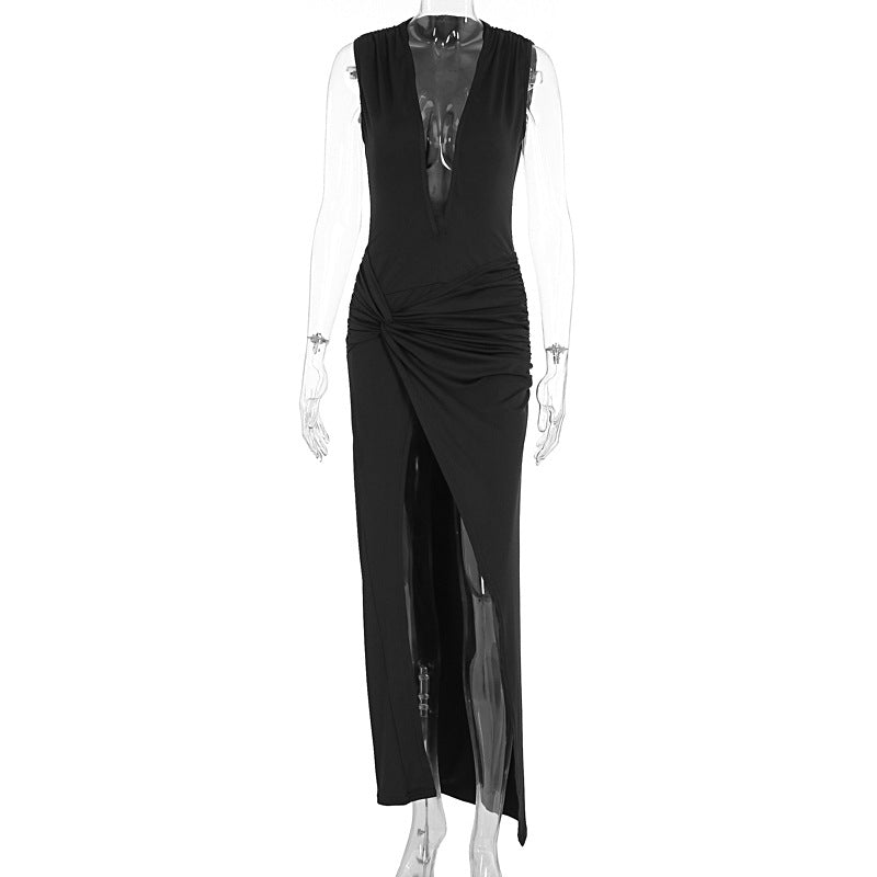 Damen elegantes langes Kleid mit tiefem V-Ausschnitt und raffinierter Raffung Echo Archiv