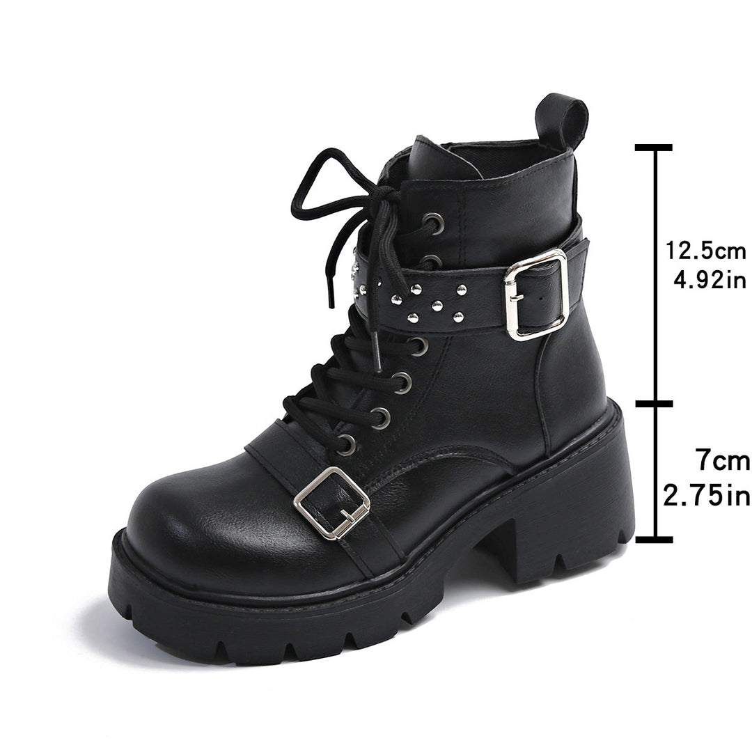 Damen nan robuste Schnür-Bikerboots mit Ziernietriemen, seitlichem Reißverschluss und profilierter Plateausohle Echo Archiv