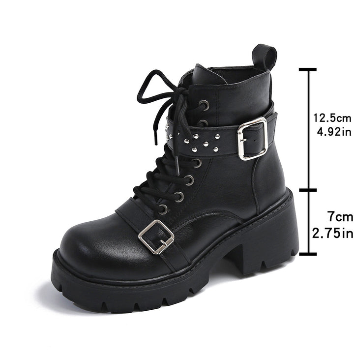 Damen nan robuste Schnür-Bikerboots mit Ziernietriemen, seitlichem Reißverschluss und profilierter Plateausohle Echo Archiv