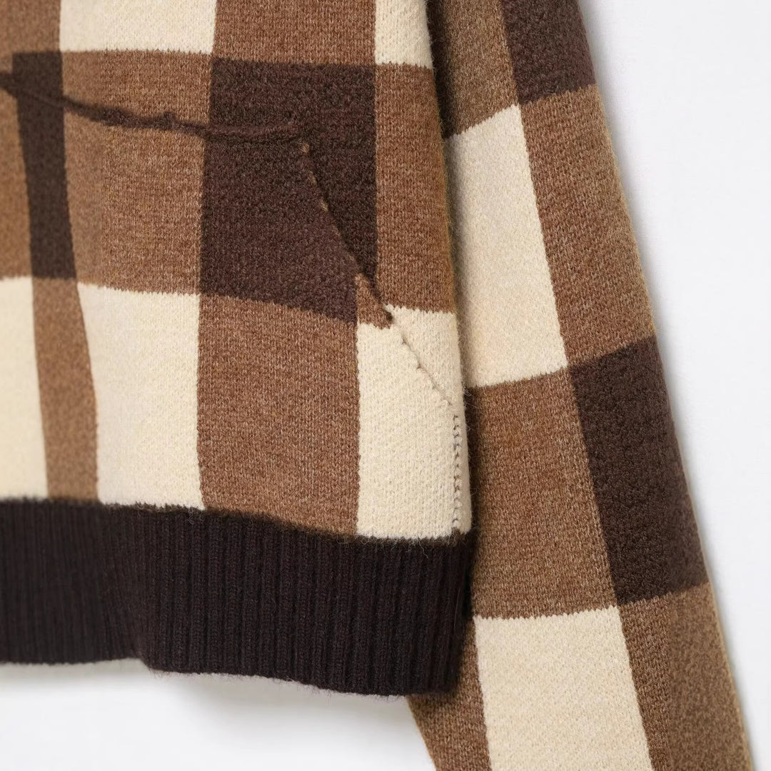 Damen Kariertes Strick-Cropped-Cardigan mit Reißverschluss und breitem Rippenkragen Echoarchiv