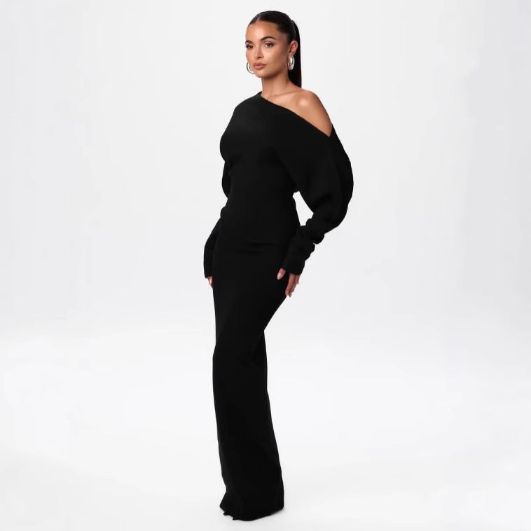 Damen One-Shoulder Maxi Strickkleid mit Übergroßen Ärmeln Echoarchiv
