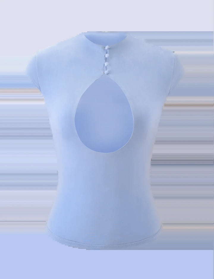 Damen figurbetontes Oberteil mit innovativem Tropfen-Ausschnitt und Knopfdetails Echo Archiv