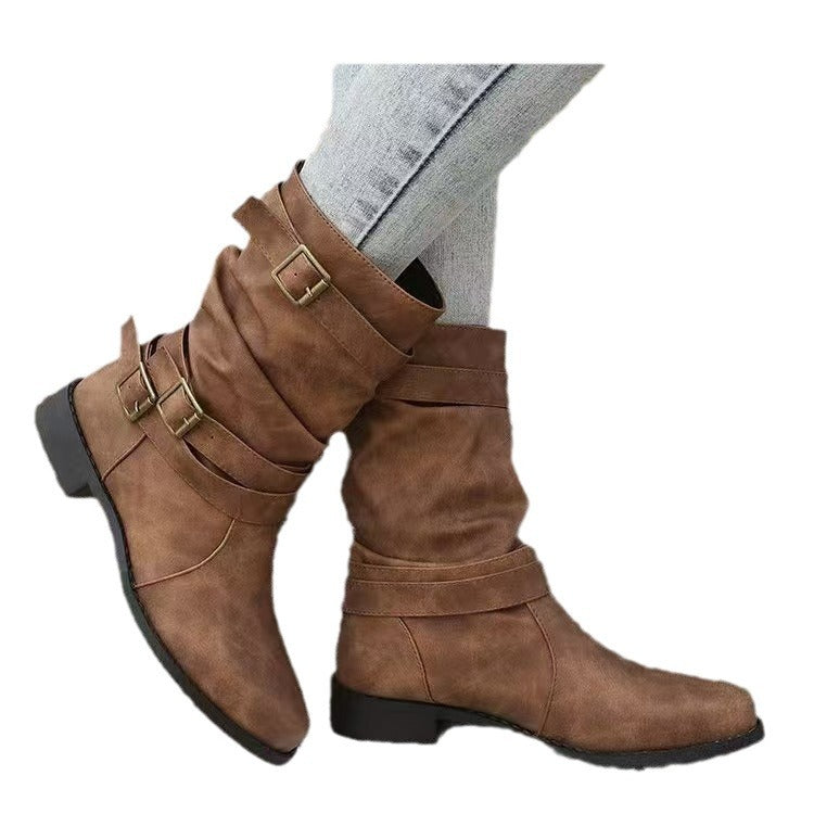 Damen nan lässiger mittlerer Schaftstiefel mit weichem Slouch-Effekt, dekorativen Schnallenriemen und robustem Blockabsatz Echo Archiv
