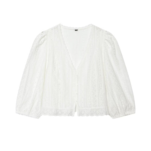 Damen Baumwoll-Spitzen-Cardigan mit V‑Ausschnitt, Knopfleiste und Ballonärmeln Echo Archiv