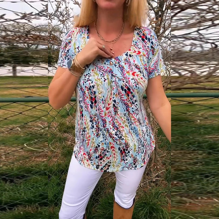 Damen nan leichtes florales Rundhals-Printshirt mit Brustfalten und legerer Hüftlänge Echo Archiv