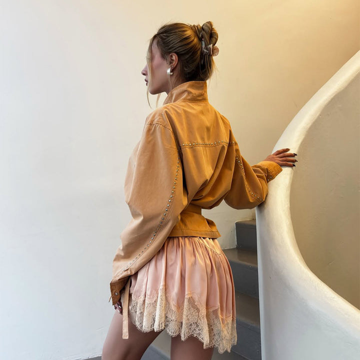 Damen Satin-Spitzen-Minirock mit luxuriösem Glanz und zarter Spitzenborte Echoarchiv