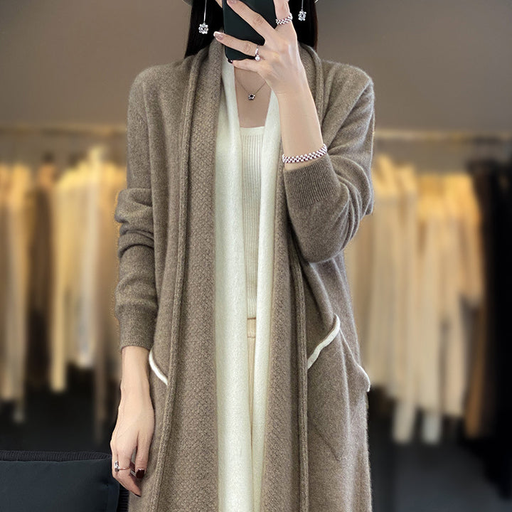 Damen Langer offener Cardigan in Kaschmir‑Look mit Schalkragen und Eingriffstaschen Echoarchiv