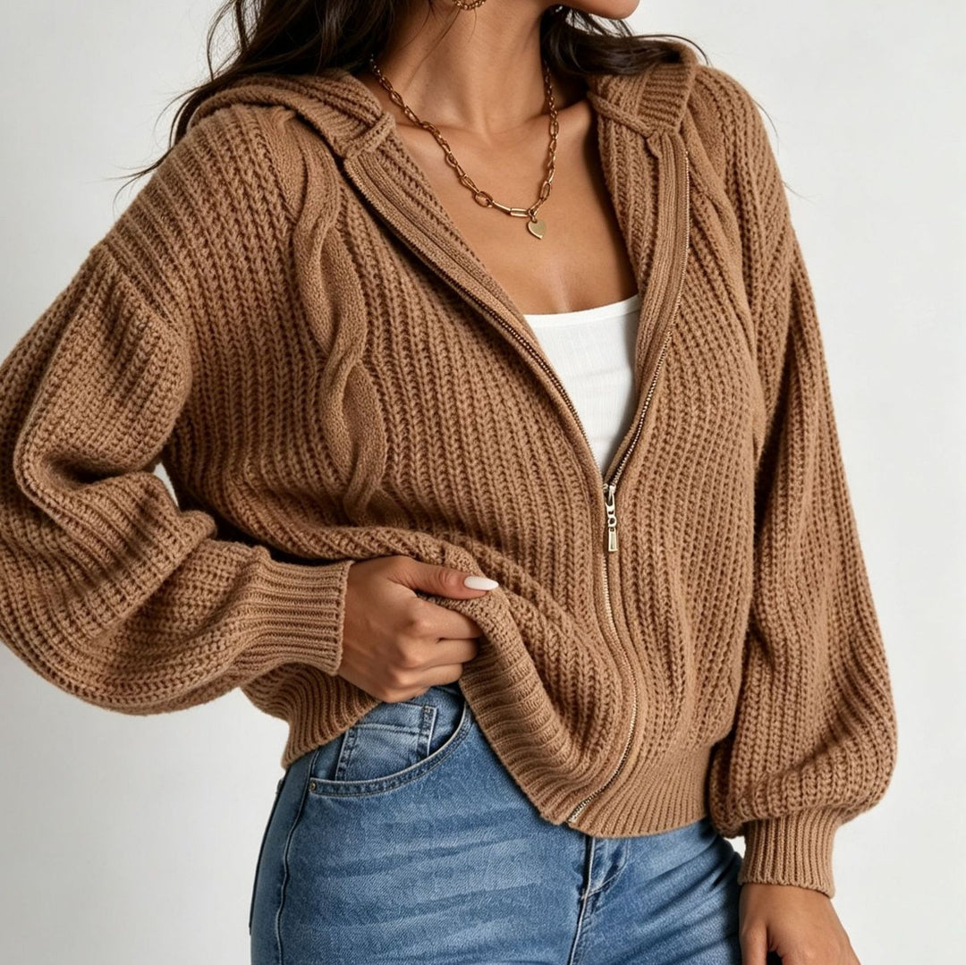 Damen Kapuzen-Cardigan im Grobstrick mit Zopfmuster und Reißverschluss – Veloura