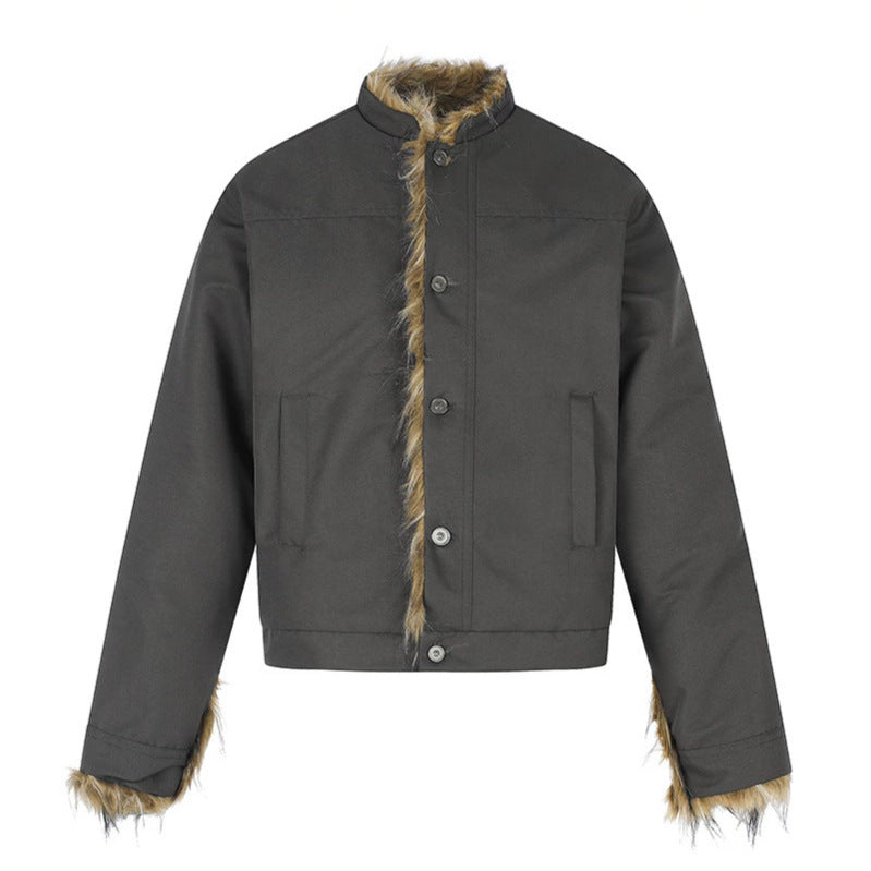 Damen Kurzjacke mit Kunstfellfutter, Stehkragen und verdeckter Knopfleiste Echoarchiv