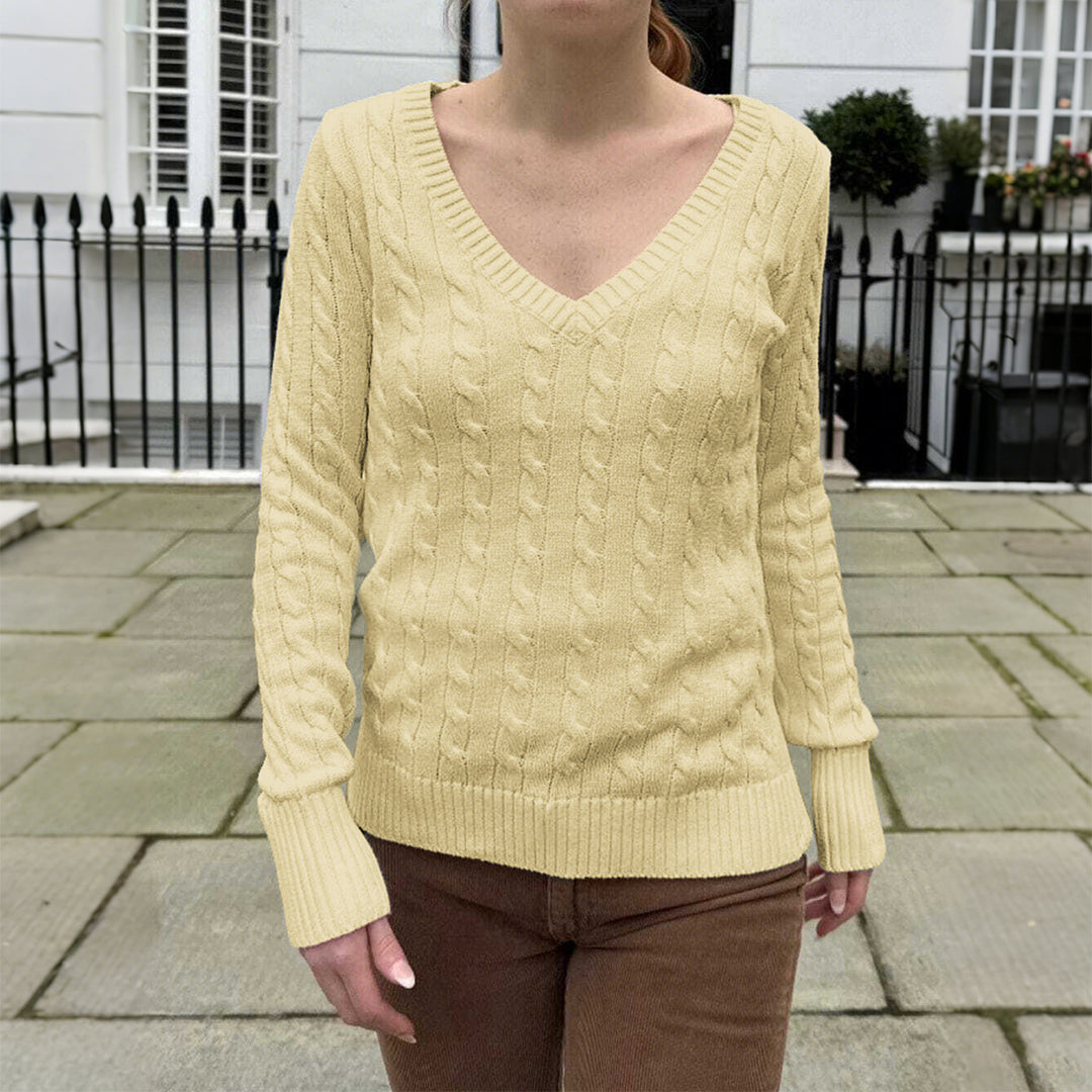 Damen Feinstrickpullover mit Zopfmuster, tiefem V‑Ausschnitt und schmaler Bundpassform – Mavelle