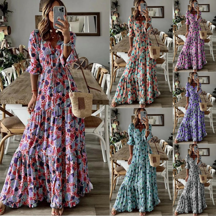 Damen Maxikleid mit Blumenprint, V‑Ausschnitt, Stufenvolant und Tunnelzugtaillen – Valéora