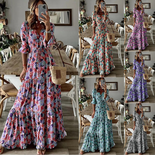 Damen Maxikleid mit Blumenprint, V‑Ausschnitt, Stufenvolant und Tunnelzugtaillen – Valéora