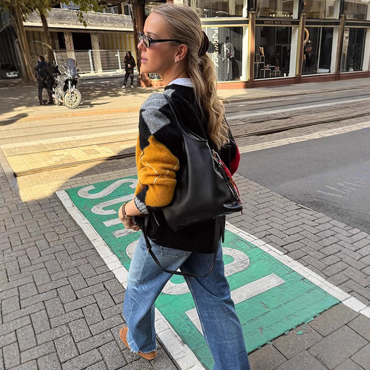 Damen Oversize Argyle-Pullover aus Mohair-Mix mit Rundhalsausschnitt und kontrastierenden Rautendetails Echoarchiv