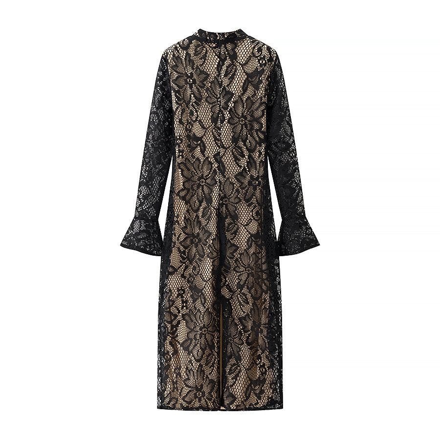 Damen florales Spitzen-Midikleid mit gefüttertem Nude-Unterkleid, Stehkragen, V-Schlitz und Glockenärmeln – Élara