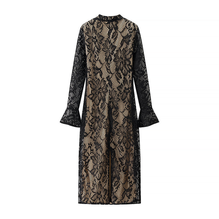 Damen florales Spitzen-Midikleid mit gefüttertem Nude-Unterkleid, Stehkragen, V-Schlitz und Glockenärmeln – Élara