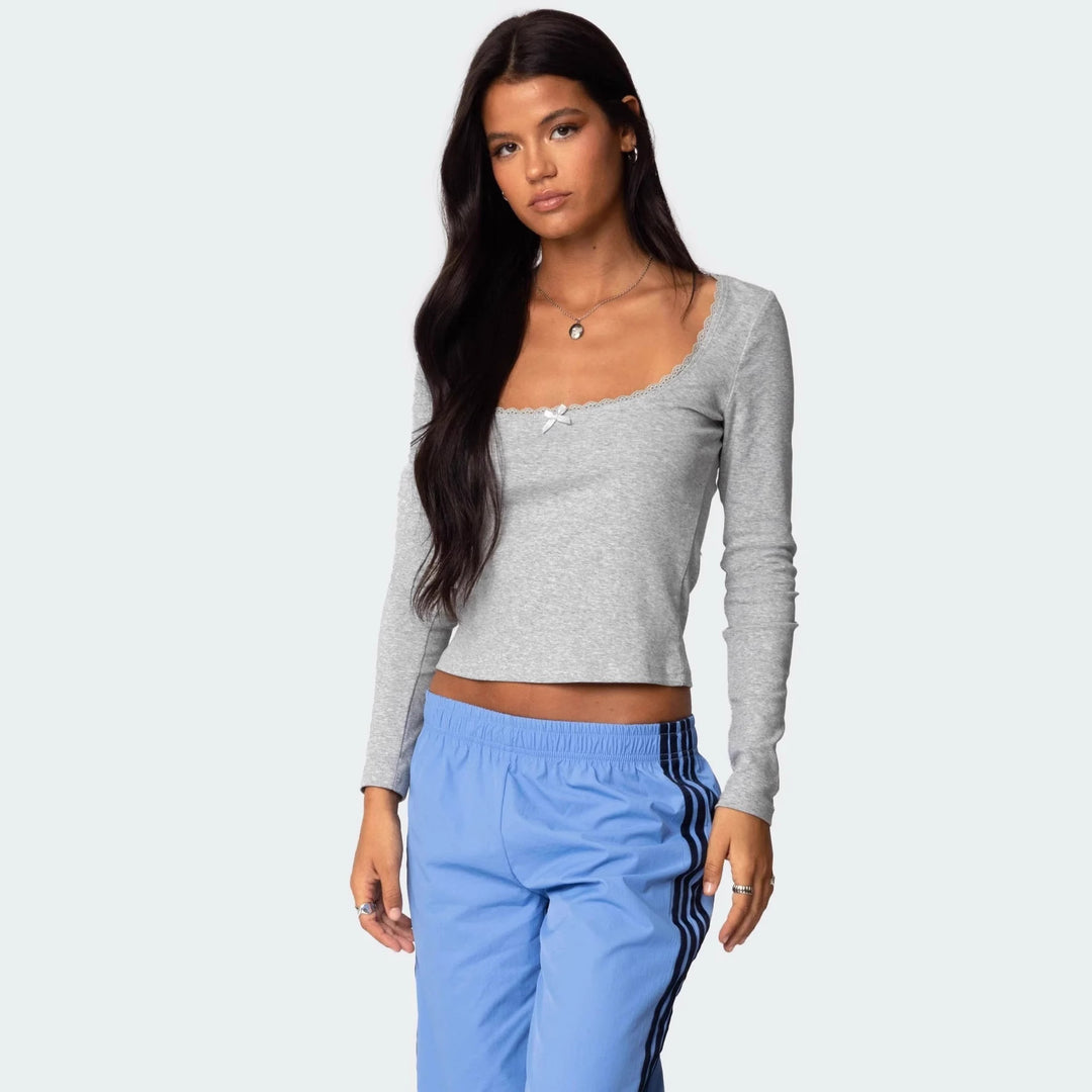 Damen Langarmshirt mit quadratischem Ausschnitt und Spitzenakzenten Echo Archiv