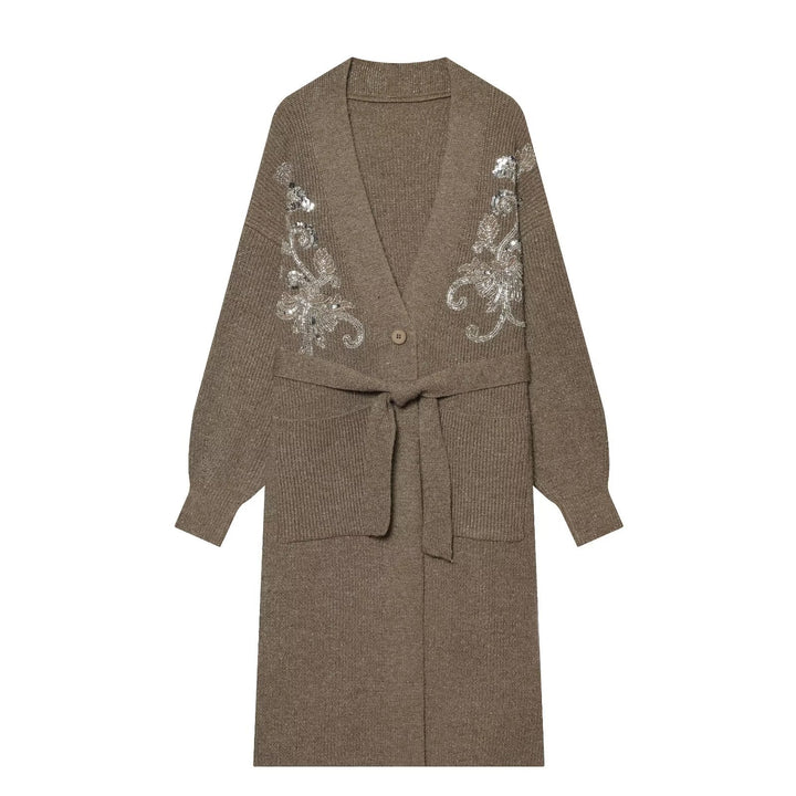 Damen Langer Strickcardigan mit Taillengürtel und Pailletten‑Stickerei Echo Archiv