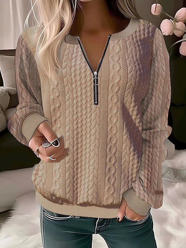 Damen Strukturierte Zopfmuster Sweatshirt mit Halbreißverschluss und Rippbündchen Echoarchiv