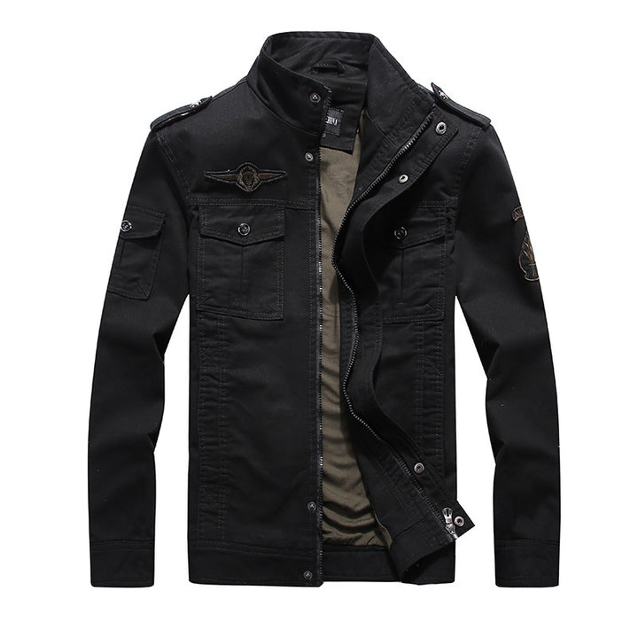 Herren leichter Canvas-Militärblouson mit Stehkragen, Schulterklappen und Mehrfach‑Pattentaschen Echoarchiv