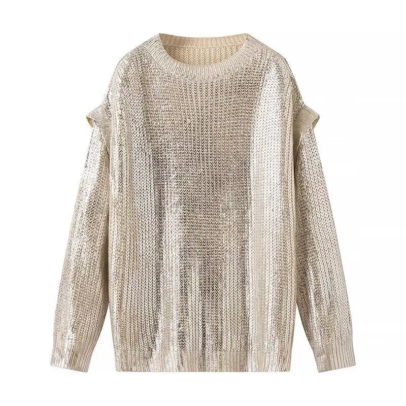Damen Oversized Strickpullover mit Cut-Out-Schultern und Metallic-Glanz Echo Archiv