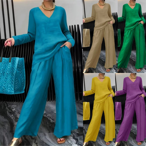 Damen Feiner V-Ausschnitt Strickpullover mit fließender Palazzo-Hose Echo Archiv