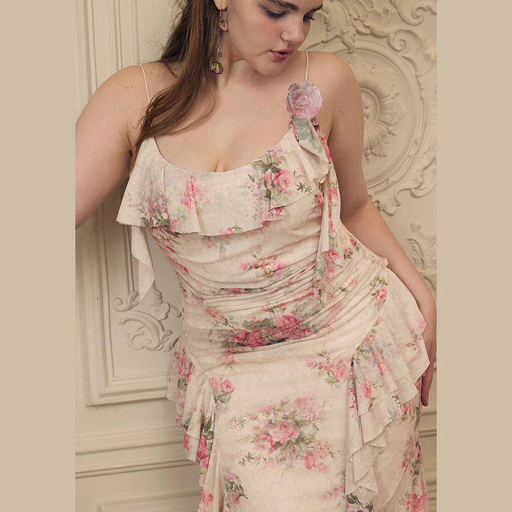 Damen Maxikleid mit floralem Rüschendesign und einem einseitigen Träger Echo Archiv