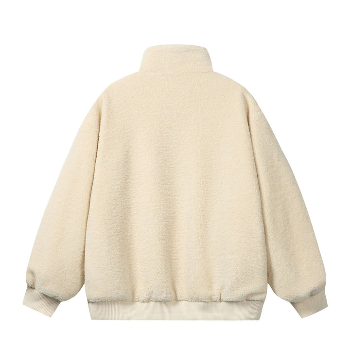 Unisex Sherpa‑Fleecejacke im Boxy‑Cut mit Stehkragen, Blockstreifen und Stickdetails Echoarchiv