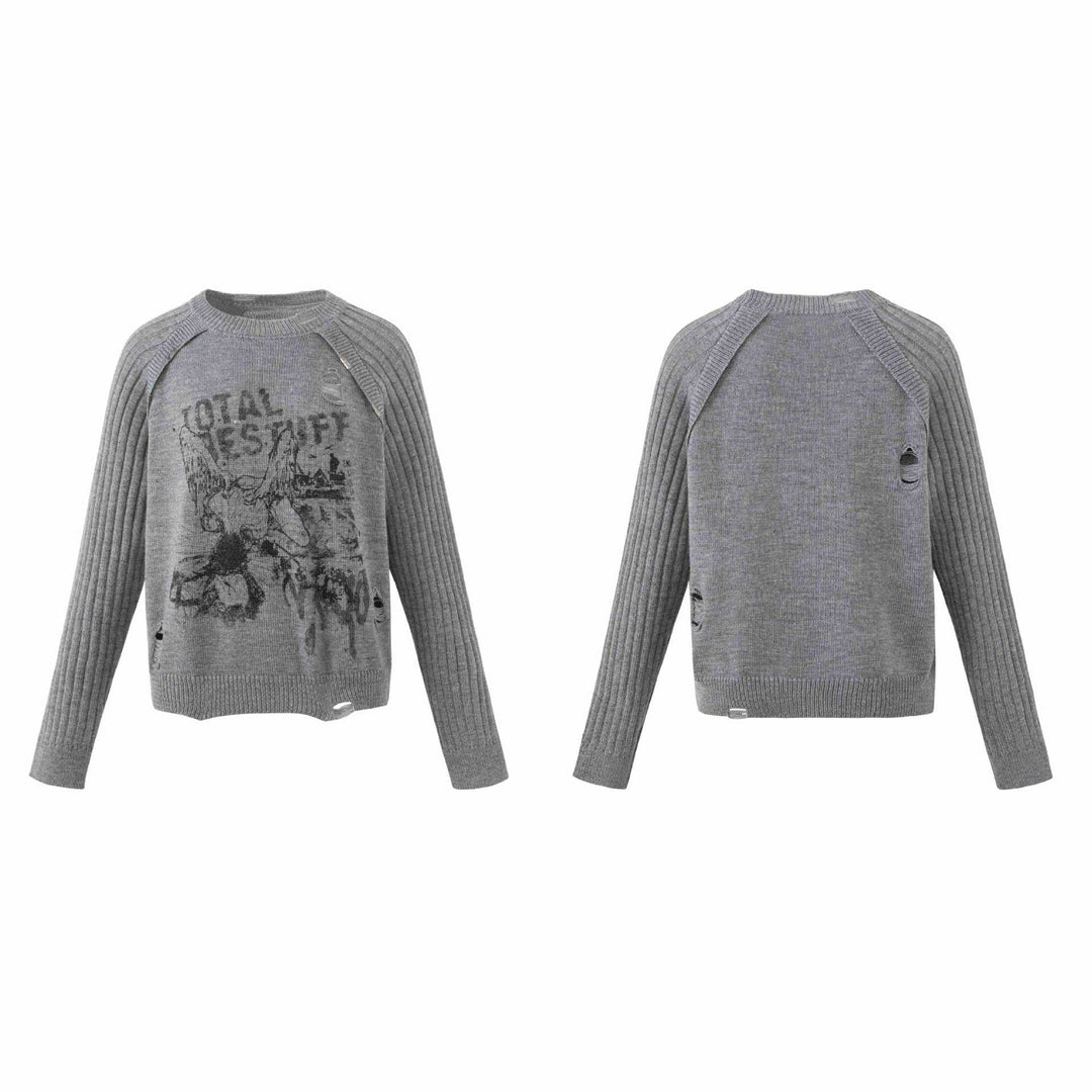 Damen Grobgestrickter Distressed Raglanpullover mit Retro-Grafikprint Echoarchiv