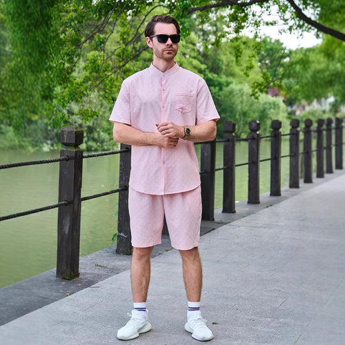 Herren Kurzarm-Hemd und Shorts Set mit modernem Stehkragen und atmungsaktiver Struktur Echoarchiv