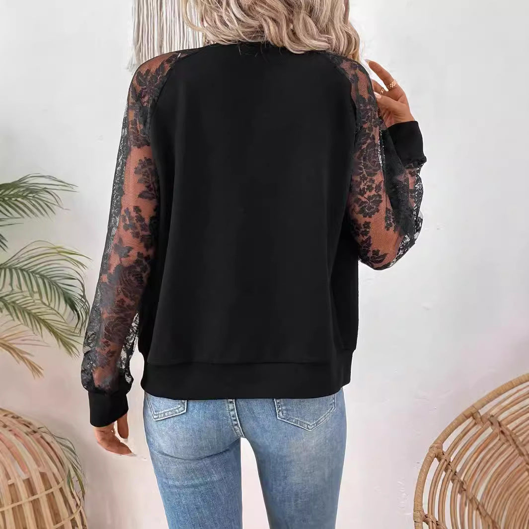 Damen nan leichte Bomberjacke mit floralen Spitzenärmeln und Reißverschluss Echo Archiv
