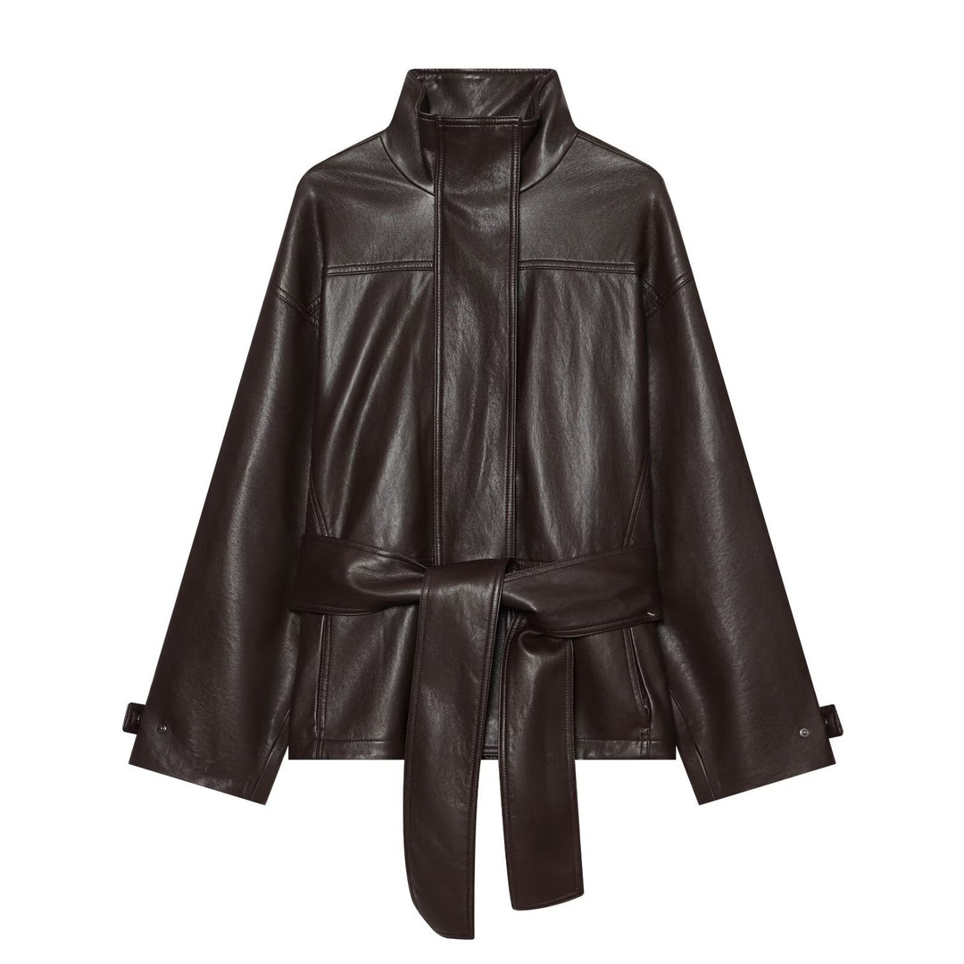 Damen Taillierte Kunstlederjacke mit hohem Stehkragen und Bindegürtel Echoarchiv