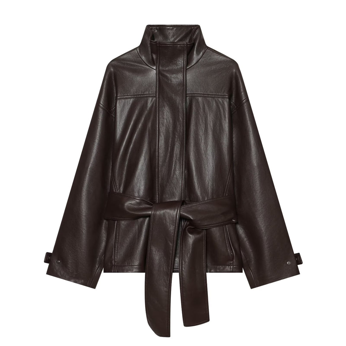 Damen Taillierte Kunstlederjacke mit hohem Stehkragen und Bindegürtel Echoarchiv