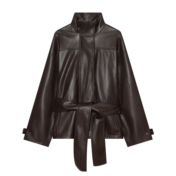Damen Taillierte Kunstlederjacke mit hohem Stehkragen und Bindegürtel Echoarchiv