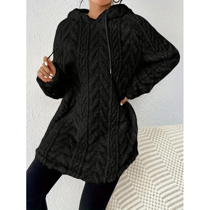 Damen Kuscheliger Teddy-Hoodie mit Zopfmuster Tunnelzug und gerundetem Saum Echo Archiv