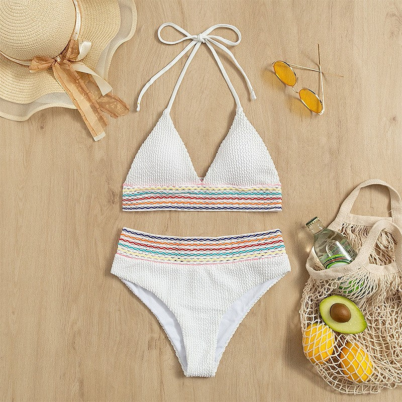 Damen Triangel-Bikini mit hoch geschnittenem Unterteil und buntem Wickelband Echo Archiv