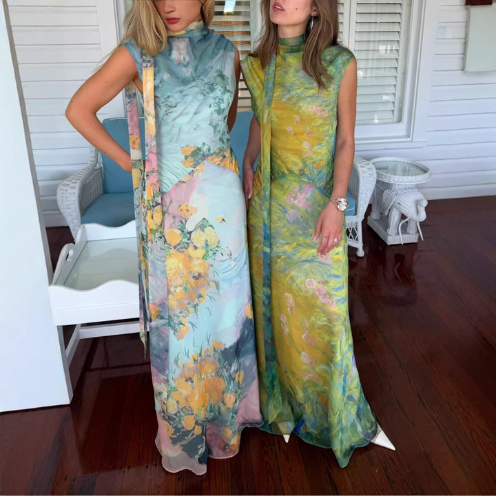 Damen Langes Kleid mit floralem Design und hochgeschlossenem Kragen Echo Archiv